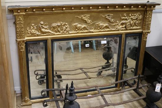 A 19th century carved giltwood triple overmantel mirror W.131cm